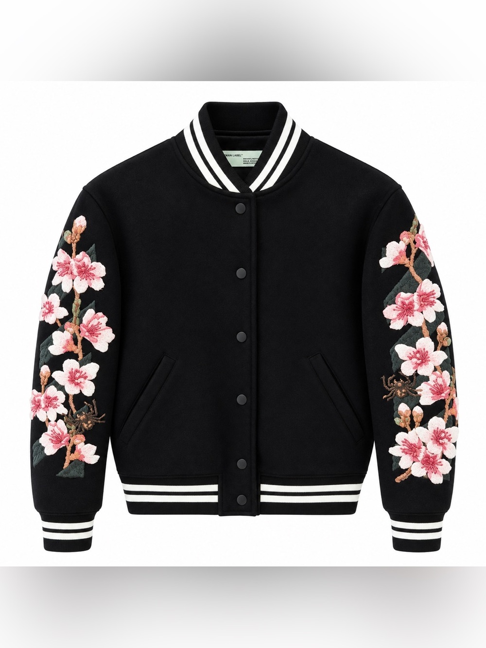 Off-White Black Varsity Jacket with Pink Floral Embroidery